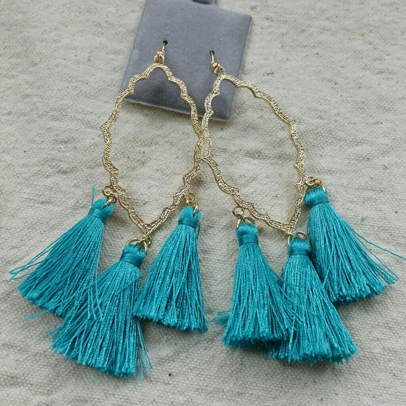 NEW Teal Moroccan Long TASSLE Earrings NWT Boxed - Picture 3 of 6